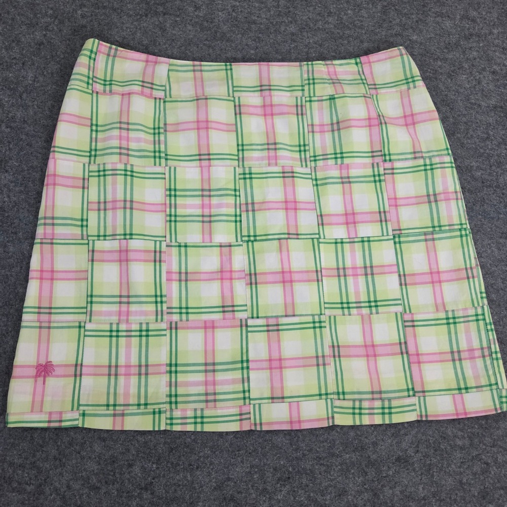 Lilly Pulitzer Skirt 8P Patchwork Madras Plaid Pink Green Palm Tree Cotton